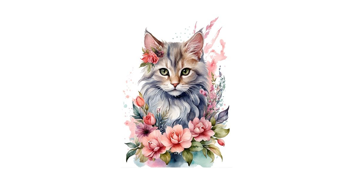 watercolor cat with flowers PNG